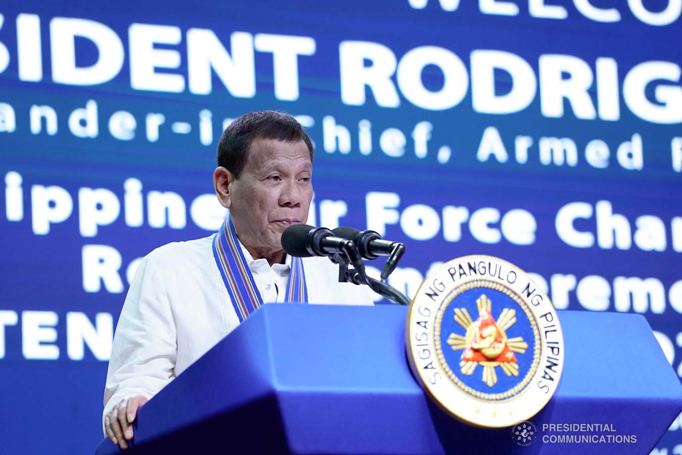 President Rodrigo Roa Duterte delivers a speech during the Philippine Air Force Change of Command ceremony at the Col. Jesus Villamor Air Base in Pasay City on January 16, 2020. KING RODRIGUEZ/PRESIDENTIAL PHOTO