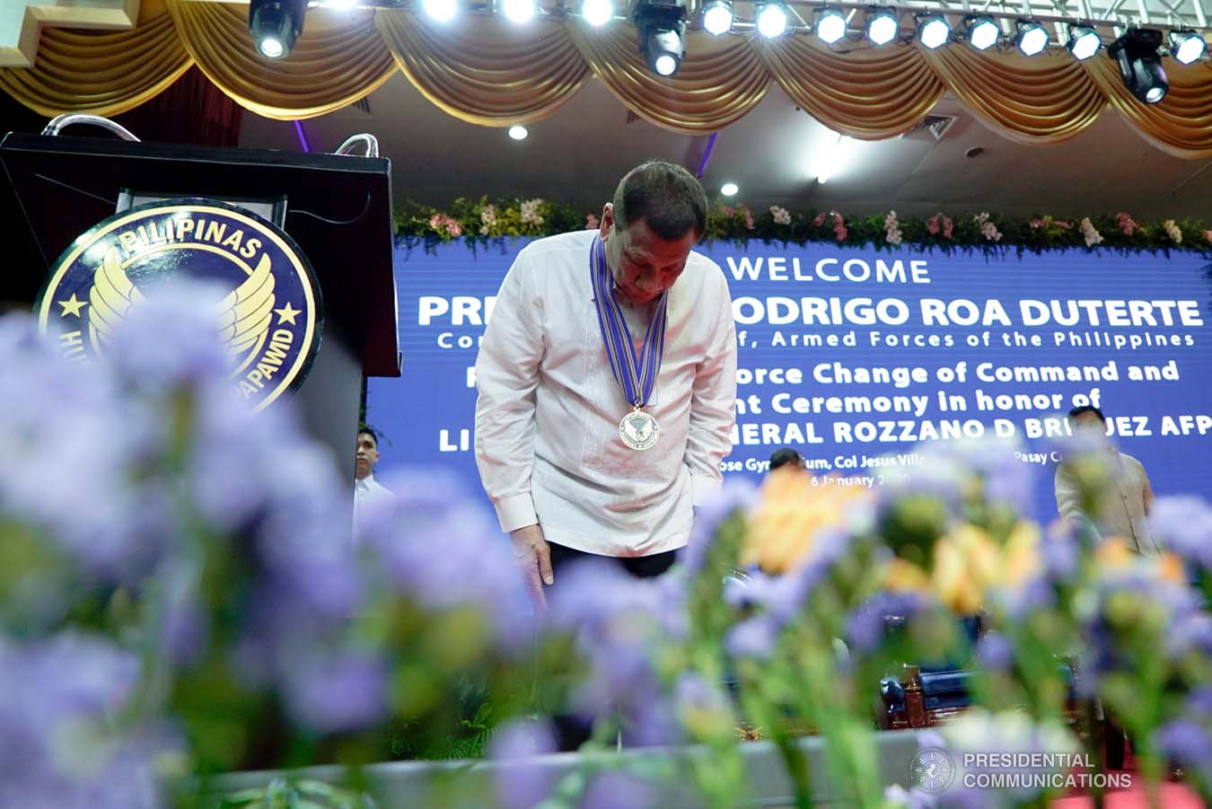 President Rodrigo Roa Duterte takes a bow after delivering a speech during the Philippine Air Force Change of Command ceremony at the Col. Jesus Villamor Air Base in Pasay City on January 16, 2020. KING RODRIGUEZ/PRESIDENTIAL PHOTO