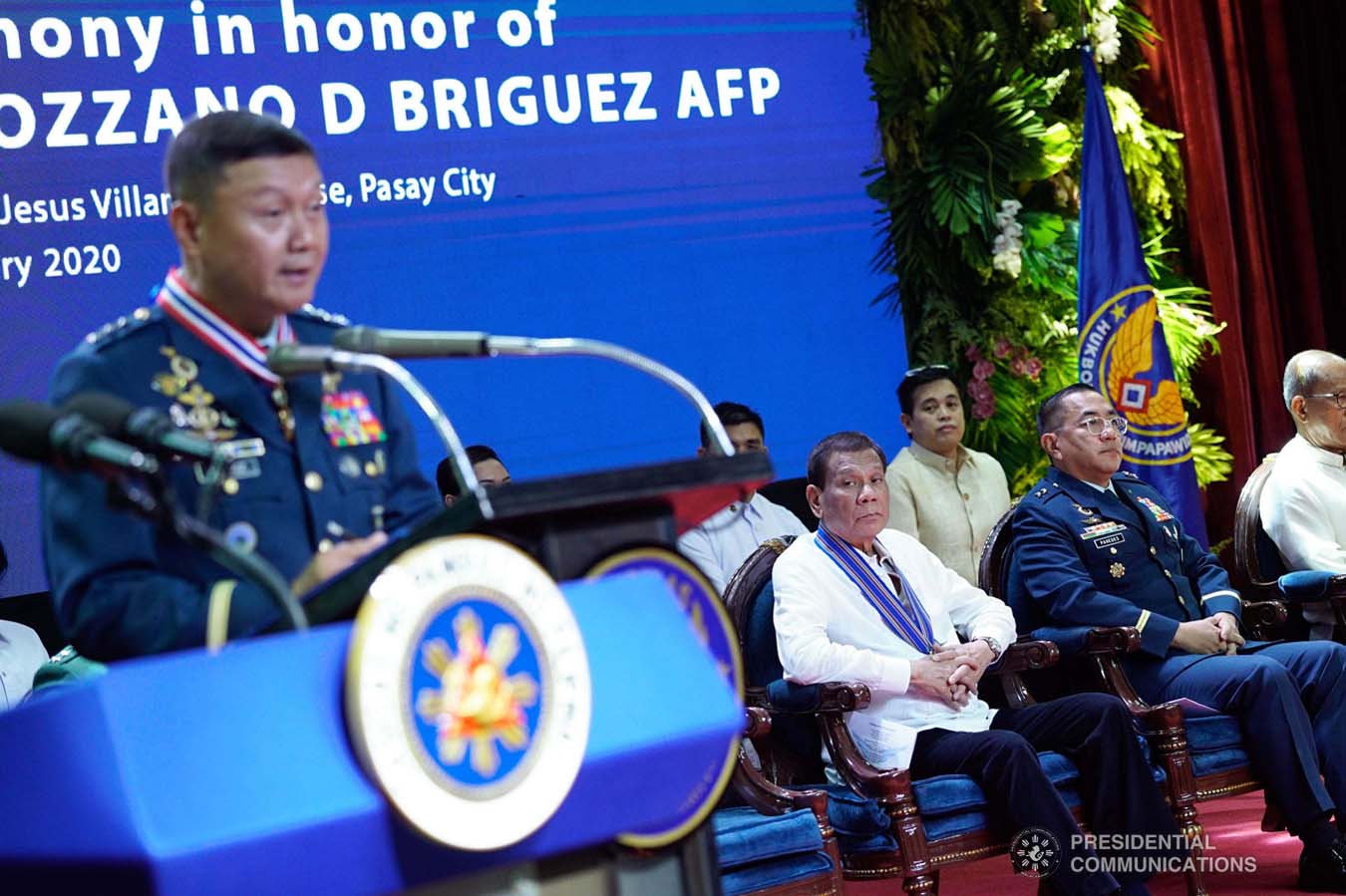 President Rodrigo Roa Duterte listens to the message of outgoing Philippine Air Force (PAF) Commanding General Lieutenant General Rozzano Briguez during the PAF Change of Command ceremony at the Col. Jesus Villamor Air Base in Pasay City on January 16, 2020. KING RODRIGUEZ/PRESIDENTIAL PHOTO