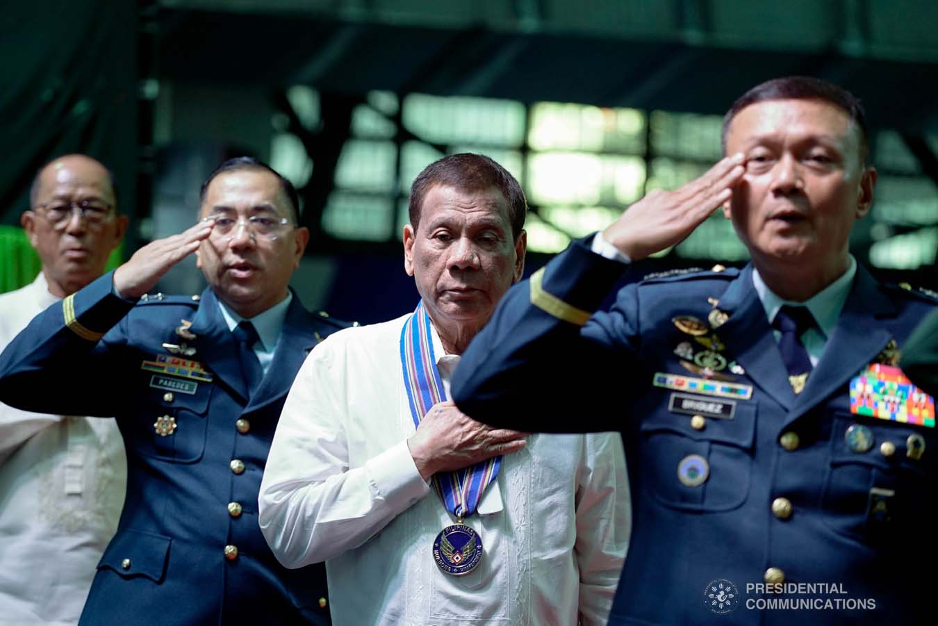 President Rodrigo Roa Duterte President Rodrigo Roa Duterte sings the Philippine National Anthem during the Philippine Air Force Change of Command ceremony at the Col. Jesus Villamor Air Base in Pasay City on January 16, 2020. KING RODRIGUEZ/PRESIDENTIAL PHOTO