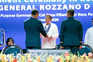 President Rodrigo Roa Duterte receives the command saber from outgoing Philippine Air Force (PAF) Commanding General Lieutenant General Rozzano Briguez during the PAF Change of Command ceremony at the Col. Jesus Villamor Air Base in Pasay City on January 16, 2020. KARL NORMAN ALONZO/PRESIDENTIAL PHOTO
