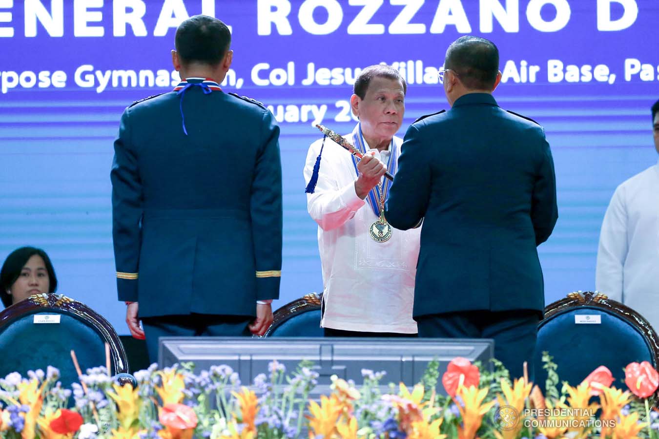 President Rodrigo Roa Duterte hands over the command saber to incoming Philippine Air Force (PAF) Commanding General Major General Allen Paredes during the PAF Change of Command ceremony at the Col. Jesus Villamor Air Base in Pasay City on January 16, 2020. KARL NORMAN ALONZO/PRESIDENTIAL PHOTO