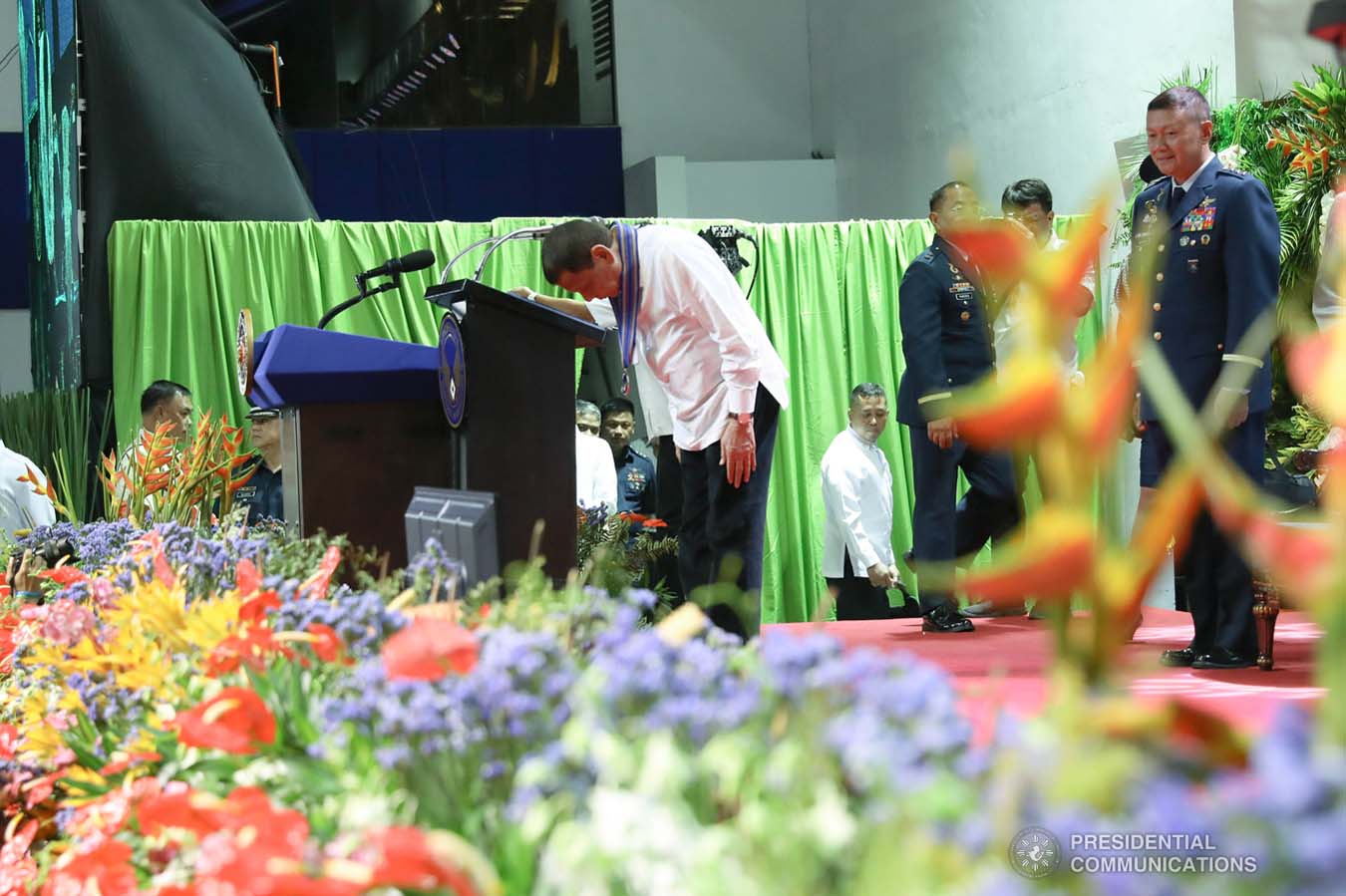 President Rodrigo Roa Duterte takes a bow after delivering a speech during the Philippine Air Force Change of Command ceremony at the Col. Jesus Villamor Air Base in Pasay City on January 16, 2020. KARL NORMAN ALONZO/PRESIDENTIAL PHOTO