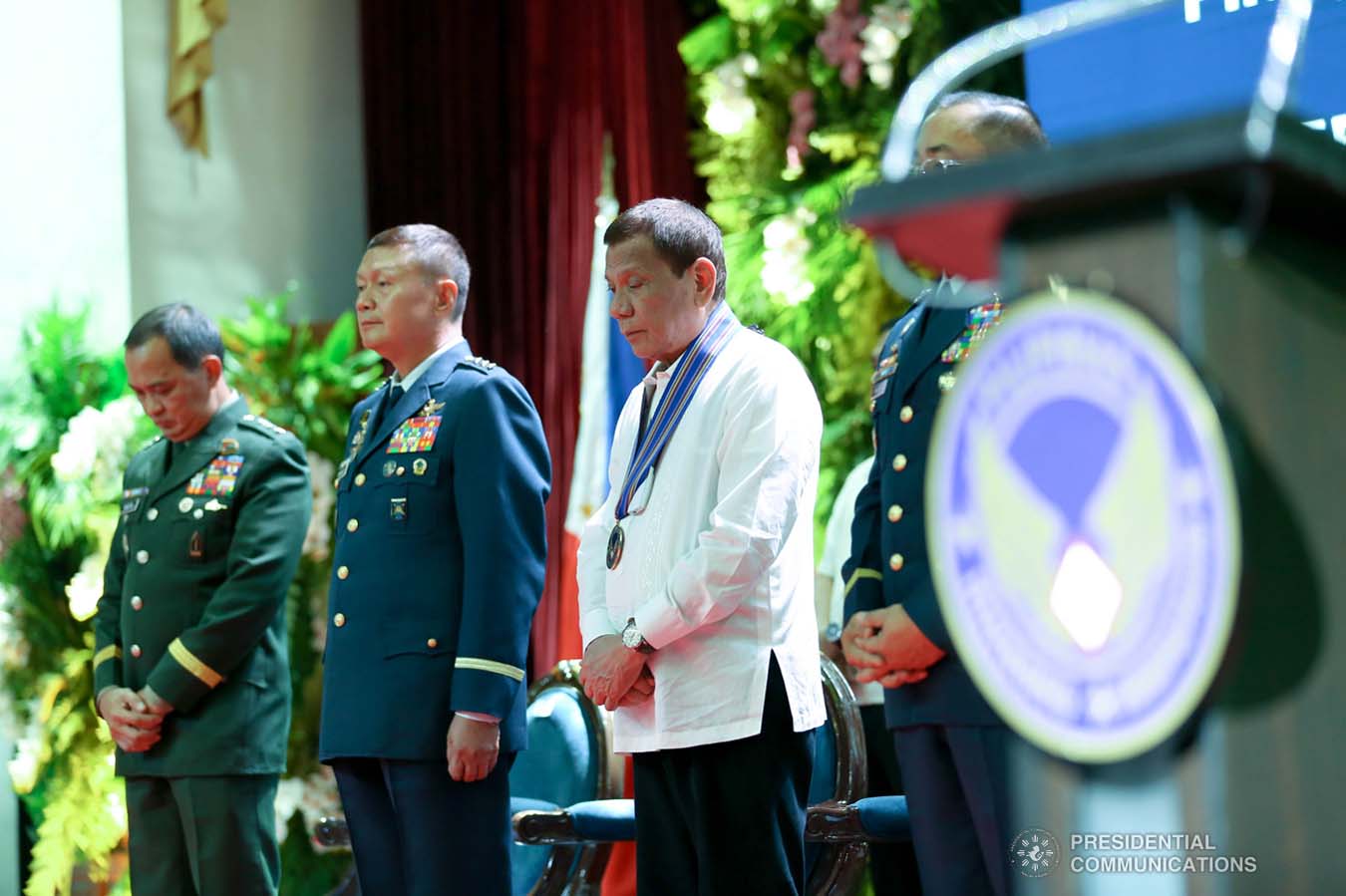 President Rodrigo Roa Duterte bows his head in prayer during the Philippine Air Force Change of Command ceremony at the Col. Jesus Villamor Air Base in Pasay City on January 16, 2020. KARL NORMAN ALONZO/PRESIDENTIAL PHOTO