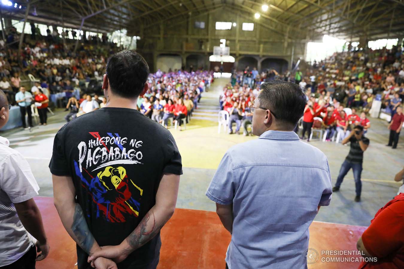 Davao City Vice Mayor Sebastian Duterte visits earthquake victims in Malalag, Davao del Sur on behalf of his father President Rodrigo Roa Duterte at the Malalag Cultural and Sports Center on January 3, 2020. With the President's son is Senator Christopher "Bong" Go. KARL NORMAN ALONZO/PRESIDENTIAL PHOTO