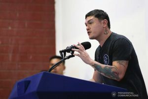 Davao City Vice Mayor Sebastian Duterte, who visited earthquake victims in Malalag, Davao del Sur on behalf of his father President Rodrigo Roa Duterte, delivers a speech at the Malalag Cultural and Sports Center on January 3, 2020. KARL NORMAN ALONZO/PRESIDENTIAL PHOTO