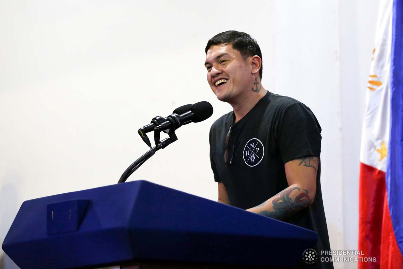 Davao City Vice Mayor Sebastian Duterte, who visited earthquake victims in Malalag, Davao del Sur on behalf of his father President Rodrigo Roa Duterte, delivers a speech at the Malalag Cultural and Sports Center on January 3, 2020. KARL NORMAN ALONZO/PRESIDENTIAL PHOTO