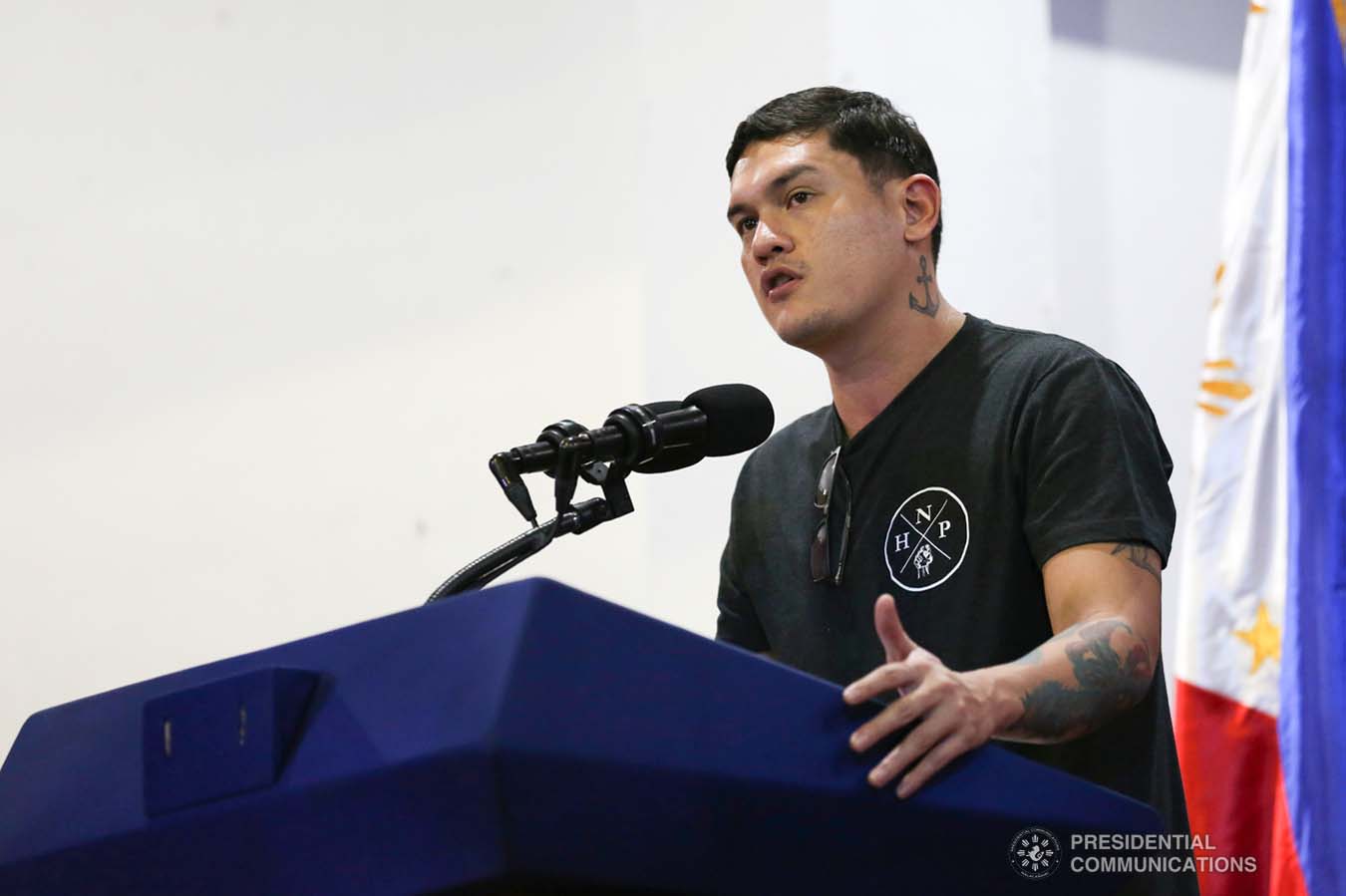 Davao City Vice Mayor Sebastian Duterte, who visited earthquake victims in Malalag, Davao del Sur on behalf of his father President Rodrigo Roa Duterte, delivers a speech at the Malalag Cultural and Sports Center on January 3, 2020. KARL NORMAN ALONZO/PRESIDENTIAL PHOTO