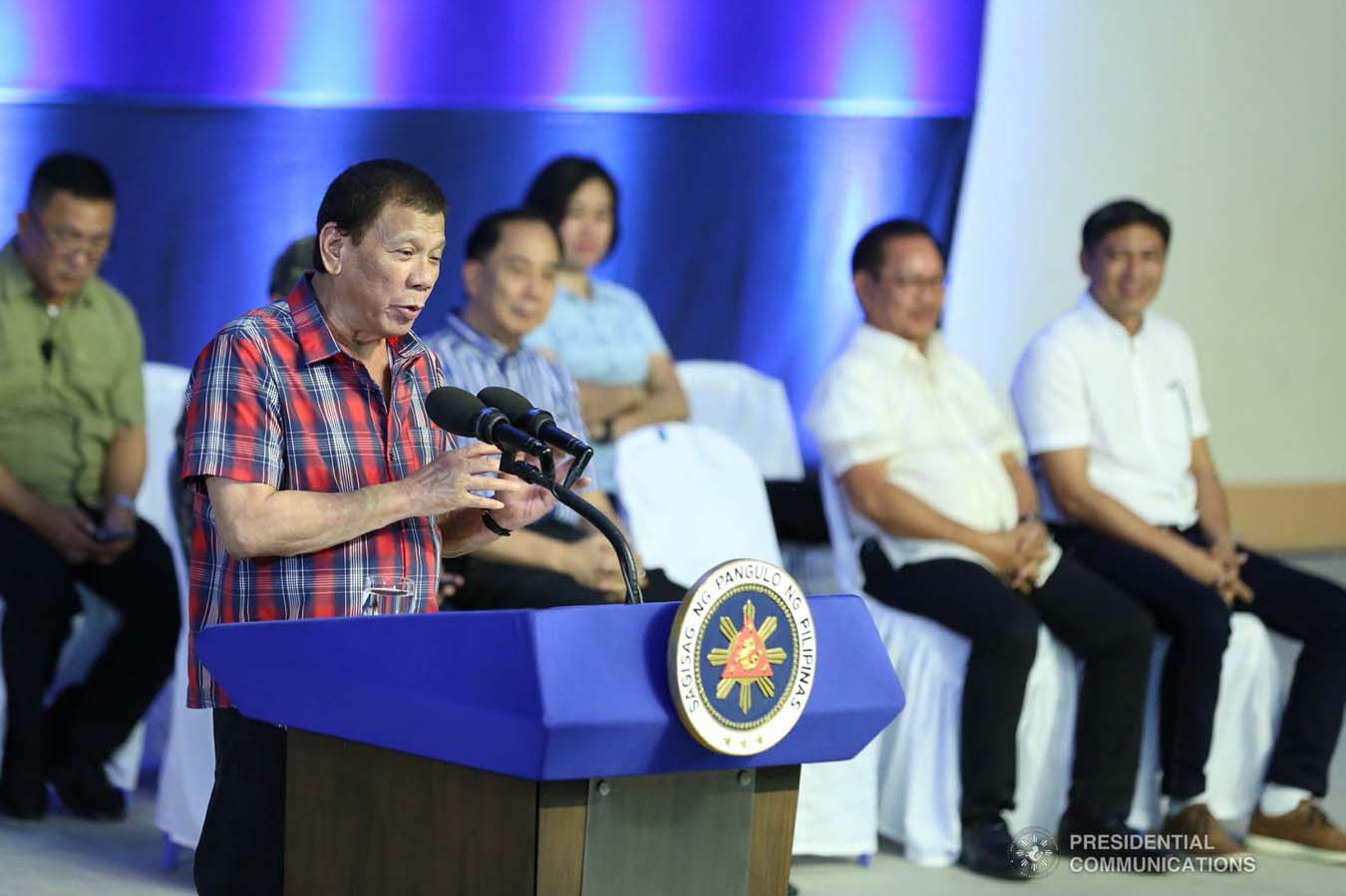 President Rodrigo Roa Duterte delivers a speech during the ceremonial distribution of agricultural assistance to the farmers of Region 12 at the Pigcawayan Municipal Gymnasium in Cotabato on January 10, 2020. RICHARD MADELO/PRESIDENTIAL PHOTO