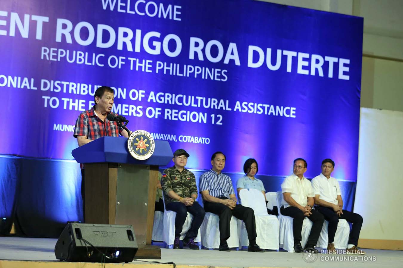 President Rodrigo Roa Duterte delivers a speech during the ceremonial distribution of agricultural assistance to the farmers of Region 12 at the Pigcawayan Municipal Gymnasium in Cotabato on January 10, 2020. RICHARD MADELO/PRESIDENTIAL PHOTO