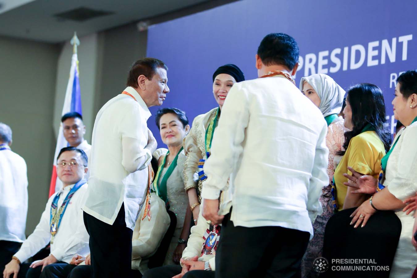President Rodrigo Roa Duterte greets some of the guests during the thanksgiving gathering with The Fraternal Order of Eagles (TFOE) at the SMX Convention Center in Davao City on January 17, 2020. RICHARD MADELO/PRESIDENTIAL PHOTO