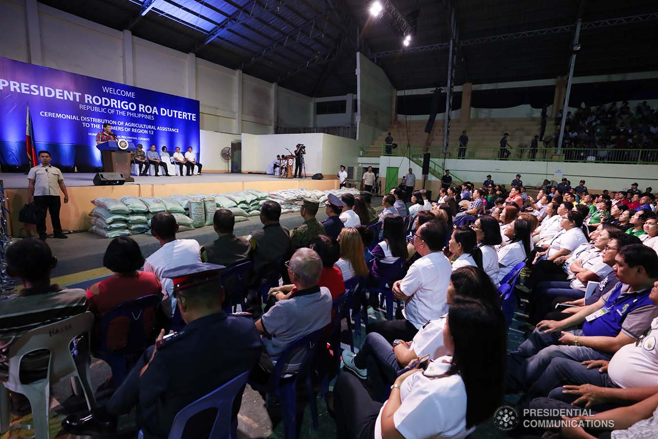 President Rodrigo Roa Duterte delivers a speech during the ceremonial distribution of agricultural assistance to the farmers of Region 12 at the Pigcawayan Municipal Gymnasium in Cotabato on January 10, 2020. RICHARD MADELO/PRESIDENTIAL PHOTO