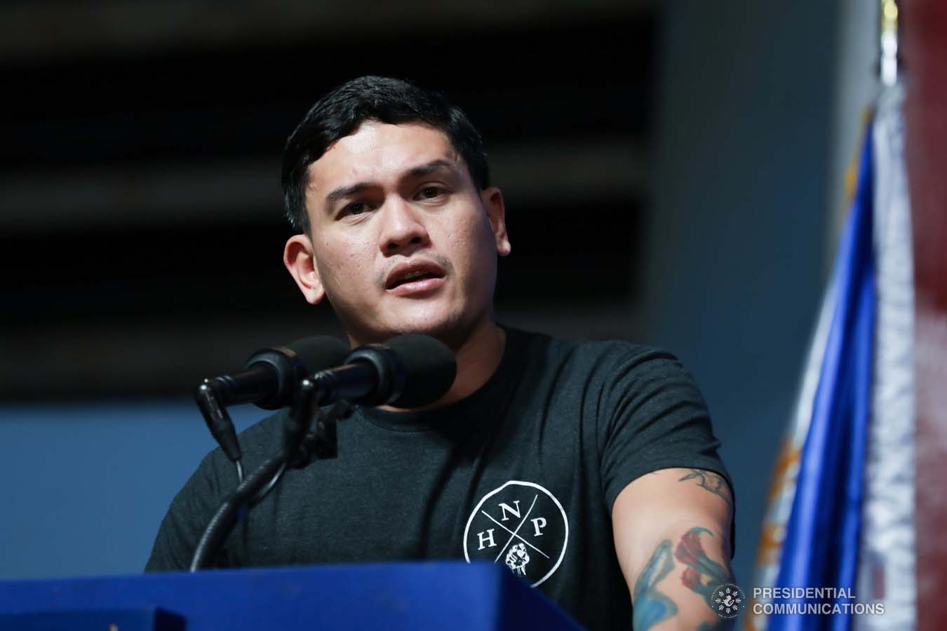 Davao City Vice Mayor Sebastian Duterte, who visited earthquake victims in Padada, Davao del Sur on behalf of his father President Rodrigo Roa Duterte, delivers a speech at the Padada Central Elementary School on January 3, 2020. RICHARD MADELO/PRESIDENTIAL PHOTO