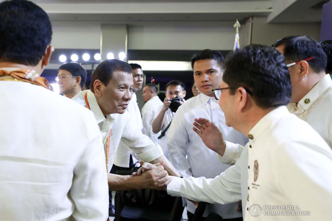 President Rodrigo Roa Duterte greets one of the guests during the thanksgiving gathering with The Fraternal Order of Eagles (TFOE) at the SMX Convention Center in Davao City on January 17, 2020. RICHARD MADELO/PRESIDENTIAL PHOTO
