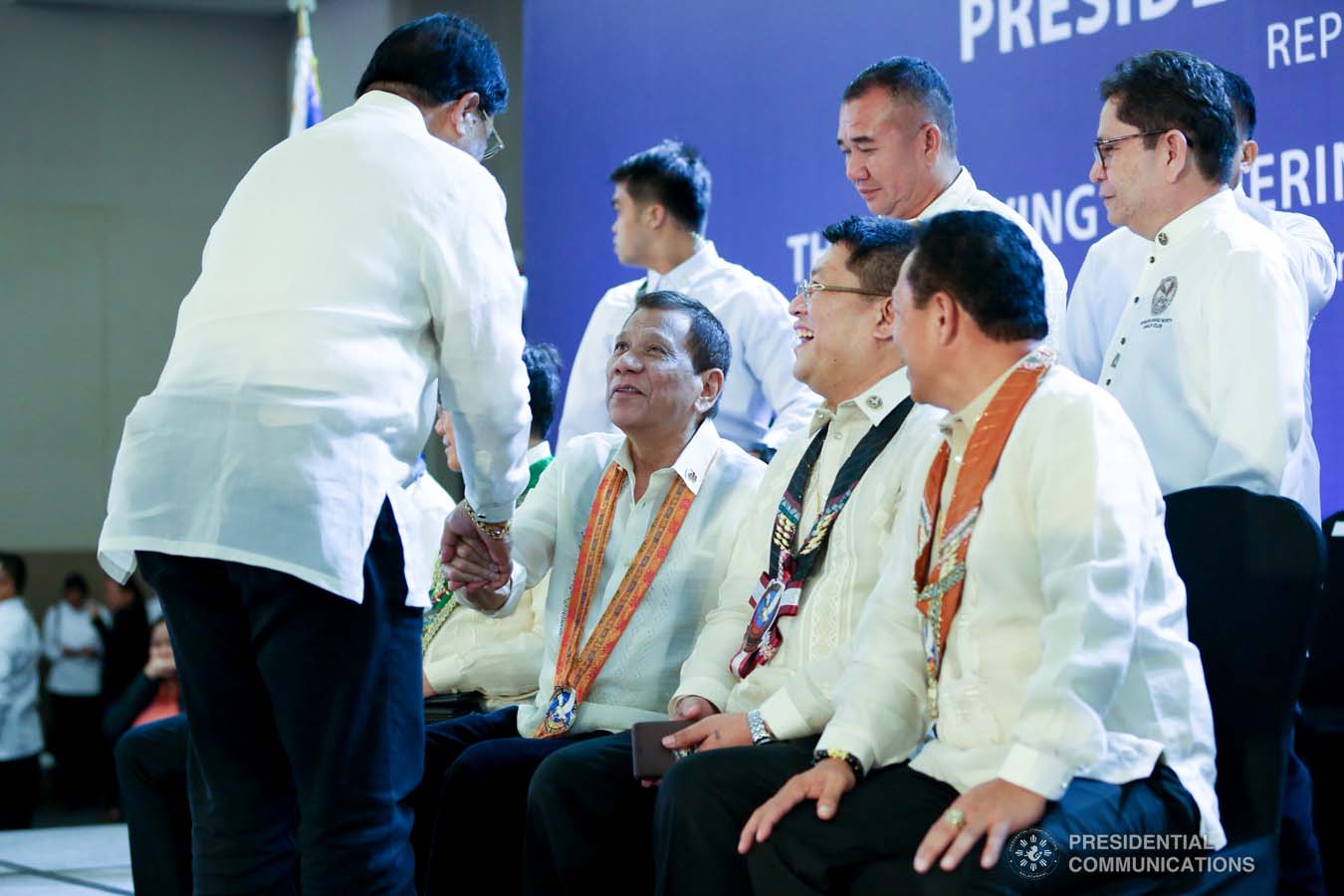 President Rodrigo Roa Duterte greets one of the guests during the thanksgiving gathering with The Fraternal Order of Eagles (TFOE) at the SMX Convention Center in Davao City on January 17, 2020. RICHARD MADELO/PRESIDENTIAL PHOTO
