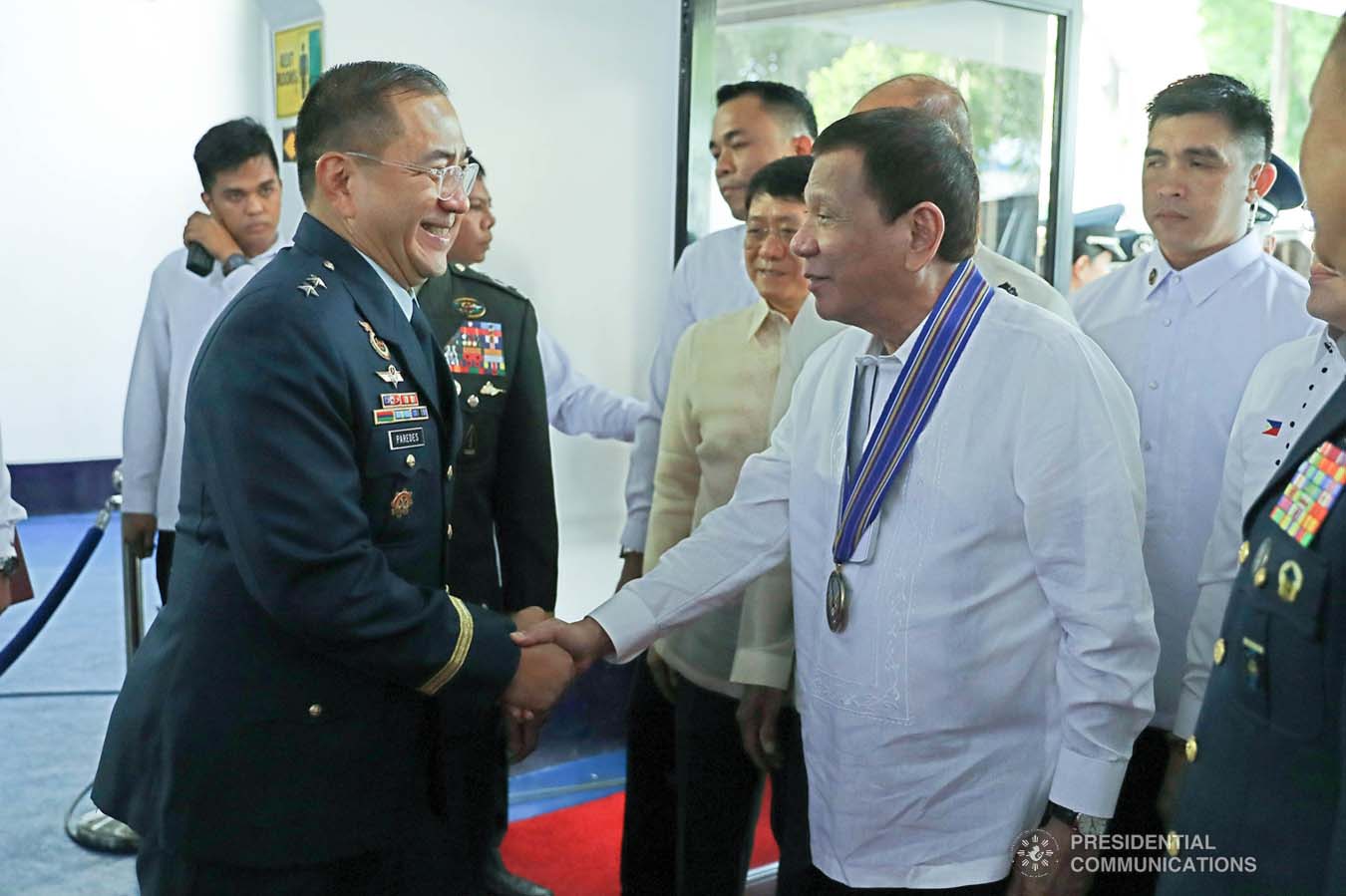 President Rodrigo Roa Duterte is greeted by incoming Philippine Air Force (PAF) Commanding General Major General Allen Paredes upon his arrival at the Col. Jesus Villamor Air Base in Pasay City for the PAF Change of Command ceremony on January 16, 2020. REY BANIQUET/PRESIDENTIAL PHOTO