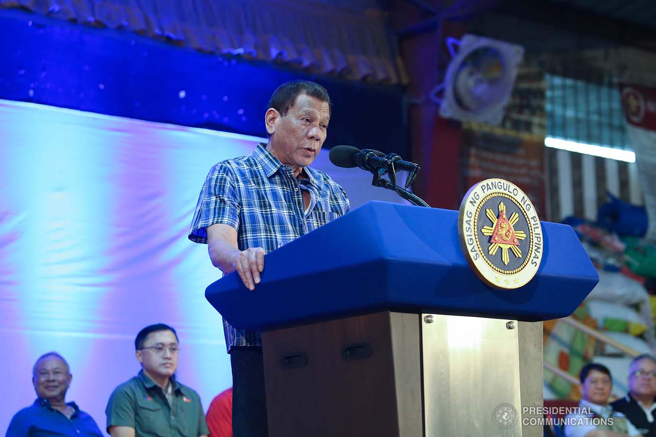 President Rodrigo Roa Duterte delivers a speech after leading the ceremonial distribution of assistance to the families affected by the Taal Volcano eruption at the Polytechnic University of the Philippines-Sto. Tomas Campus in Sto. Tomas City, Batangas on January 20, 2020. VALERIE ESCALERA/PRESIDENTIAL PHOTO