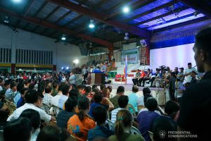 President Rodrigo Roa Duterte delivers a speech after leading the ceremonial distribution of assistance to the families affected by the Taal Volcano eruption at the Polytechnic University of the Philippines-Sto. Tomas Campus in Sto. Tomas City, Batangas on January 20, 2020. VALERIE ESCALERA/PRESIDENTIAL PHOTO