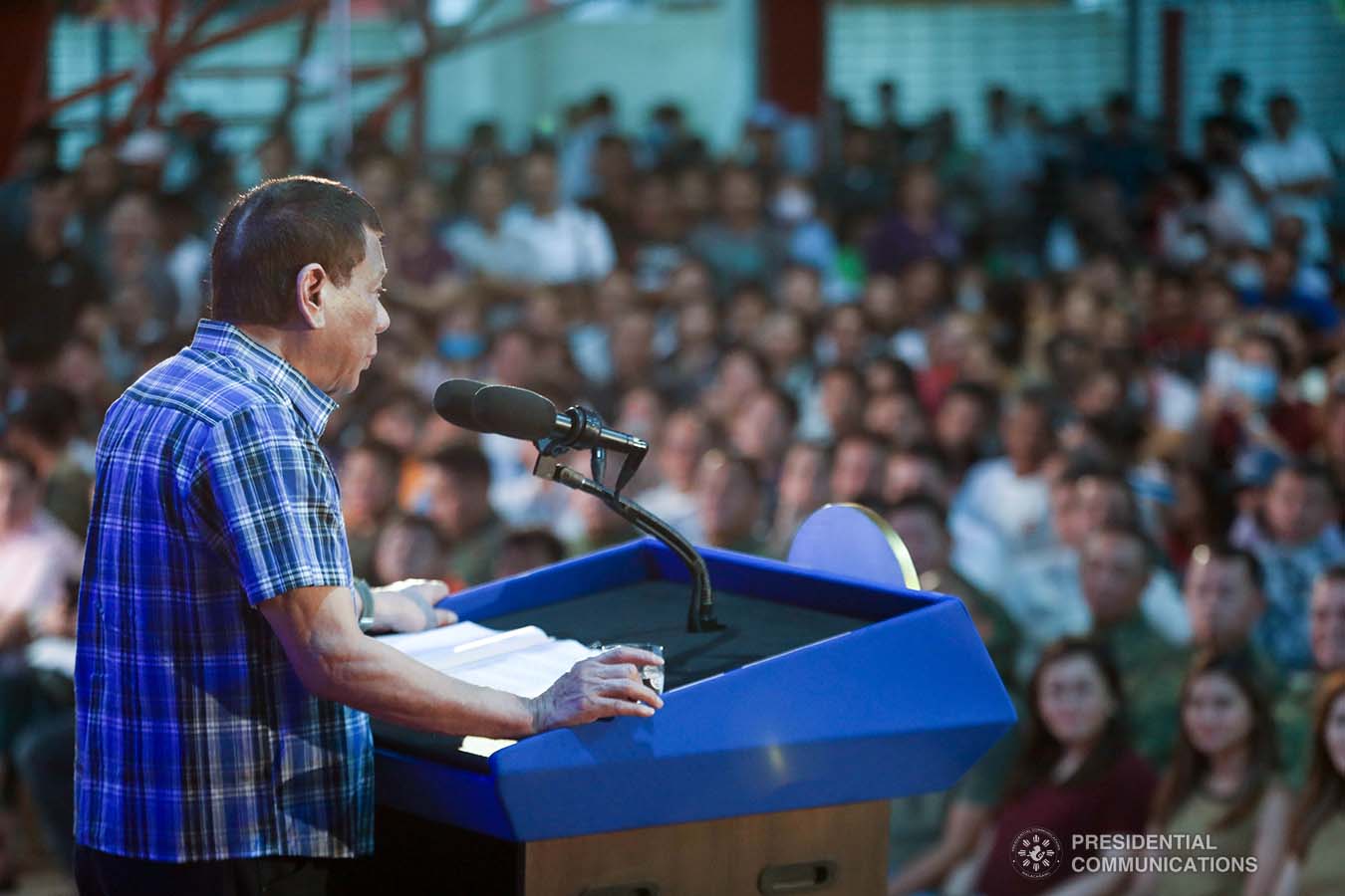 President Rodrigo Roa Duterte delivers a speech after leading the ceremonial distribution of assistance to the families affected by the Taal Volcano eruption at the Polytechnic University of the Philippines-Sto. Tomas Campus in Sto. Tomas City, Batangas on January 20, 2020. VALERIE ESCALERA/PRESIDENTIAL PHOTO