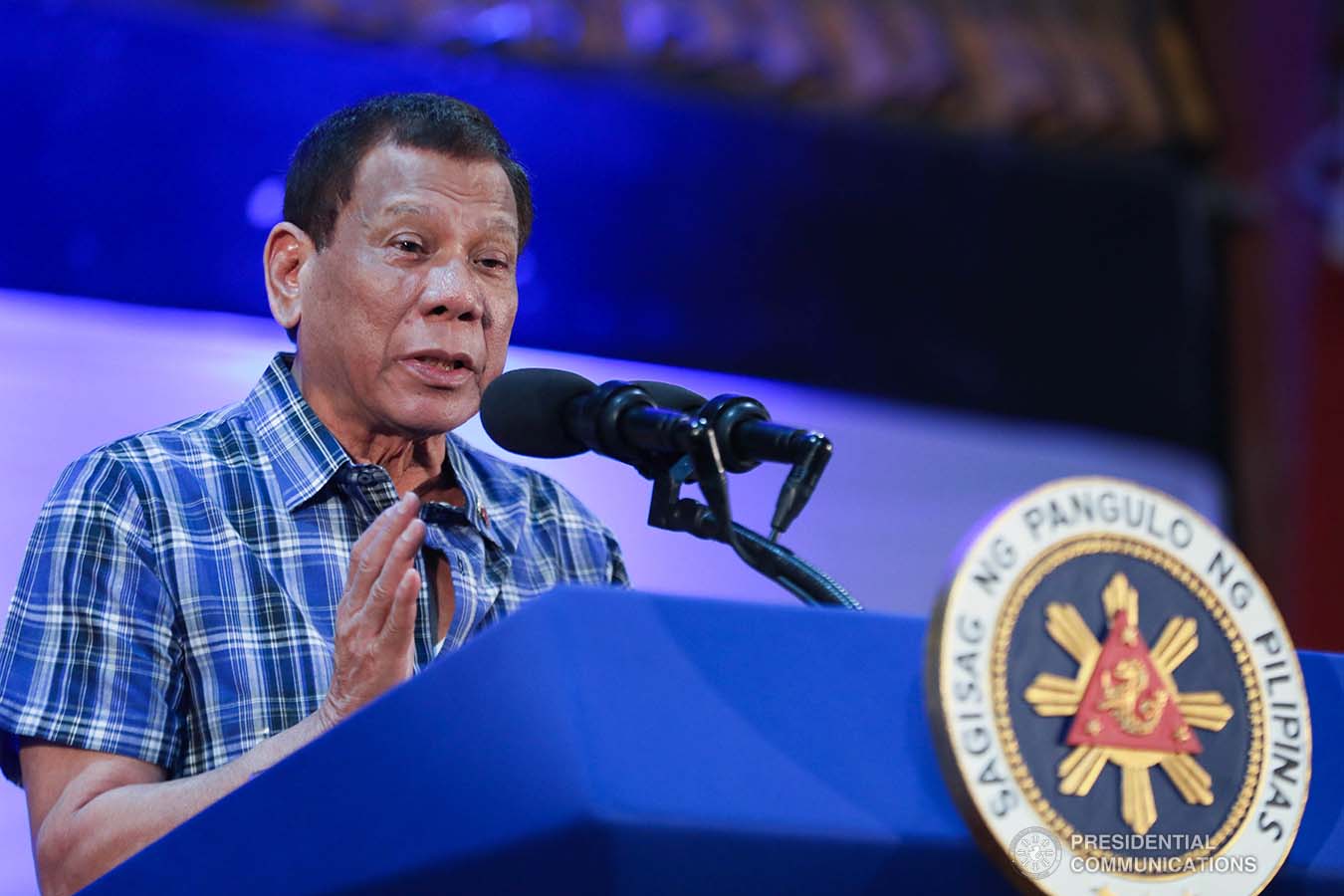 President Rodrigo Roa Duterte delivers a speech after leading the ceremonial distribution of assistance to the families affected by the Taal Volcano eruption at the Polytechnic University of the Philippines-Sto. Tomas Campus in Sto. Tomas City, Batangas on January 20, 2020. VALERIE ESCALERA/PRESIDENTIAL PHOTO