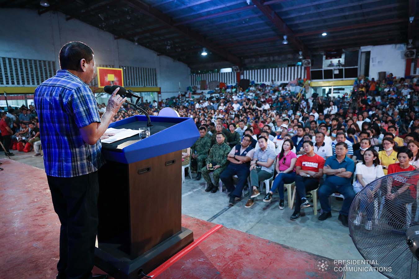 President Rodrigo Roa Duterte delivers a speech after leading the ceremonial distribution of assistance to the families affected by the Taal Volcano eruption at the Polytechnic University of the Philippines-Sto. Tomas Campus in Sto. Tomas City, Batangas on January 20, 2020. VALERIE ESCALERA/PRESIDENTIAL PHOTO