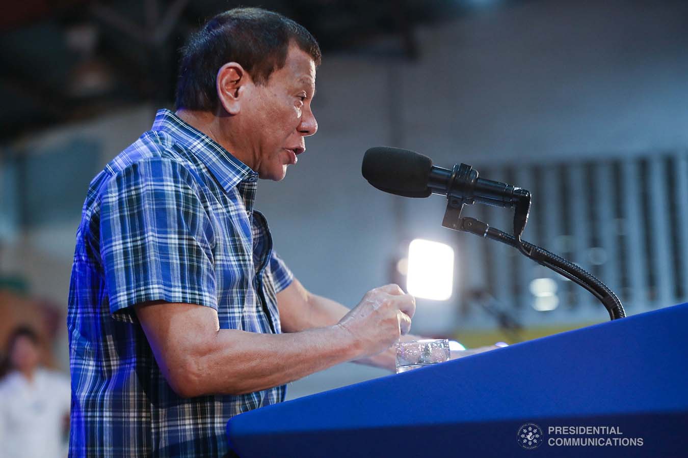 President Rodrigo Roa Duterte delivers a speech after leading the ceremonial distribution of assistance to the families affected by the Taal Volcano eruption at the Polytechnic University of the Philippines-Sto. Tomas Campus in Sto. Tomas City, Batangas on January 20, 2020. VALERIE ESCALERA/PRESIDENTIAL PHOTO
