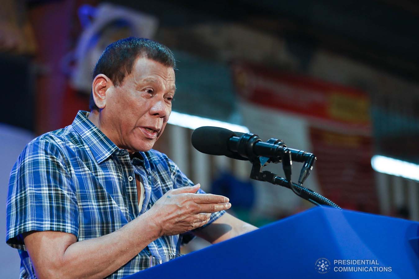 President Rodrigo Roa Duterte delivers a speech after leading the ceremonial distribution of assistance to the families affected by the Taal Volcano eruption at the Polytechnic University of the Philippines-Sto. Tomas Campus in Sto. Tomas City, Batangas on January 20, 2020. VALERIE ESCALERA/PRESIDENTIAL PHOTO