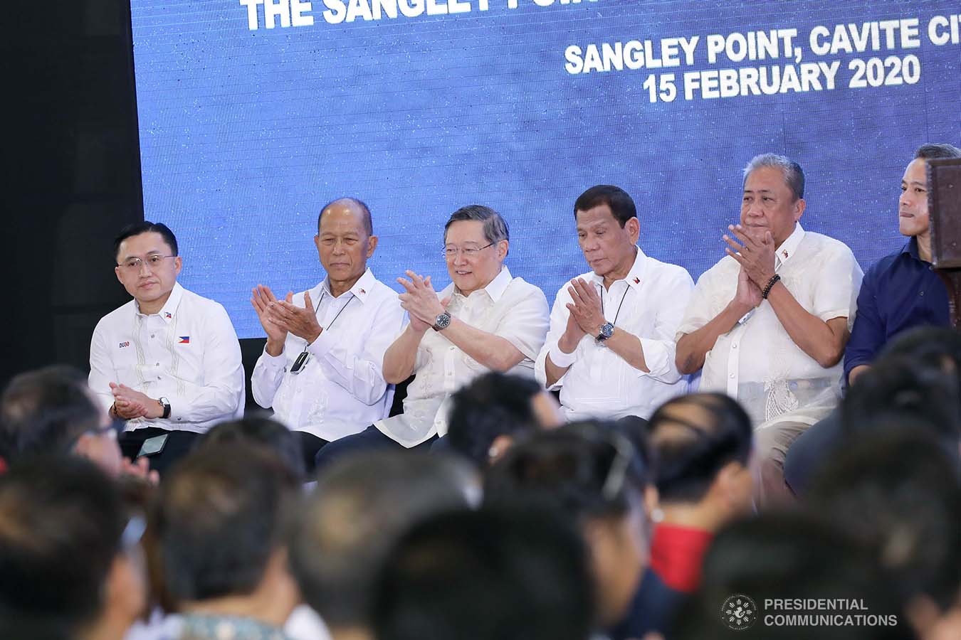 President Rodrigo Roa Duterte applauds while witnessing the program proper during the inauguration of the Sangley Airport Development Project and presentation of the Sangley Point International Airport Project in Cavite City on February 15, 2020. ALFRED FRIAS/PRESIDENTIAL PHOTO
