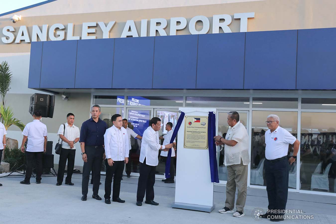 President Rodrigo Roa Duterte leads the unveiling of the marker of the Sangley Airport Development Project in Cavite City during its inauguration on February 15, 2020. Assisting the President is Transportation Secretary Arthur Tugade. ROBINSON NIÑAL JR./PRESIDENTIAL PHOTO