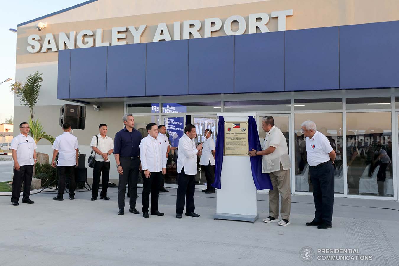 President Rodrigo Roa Duterte leads the unveiling of the marker of the Sangley Airport Development Project in Cavite City during its inauguration on February 15, 2020. Assisting the President is Transportation Secretary Arthur Tugade. ROBINSON NIÑAL JR./PRESIDENTIAL PHOTO