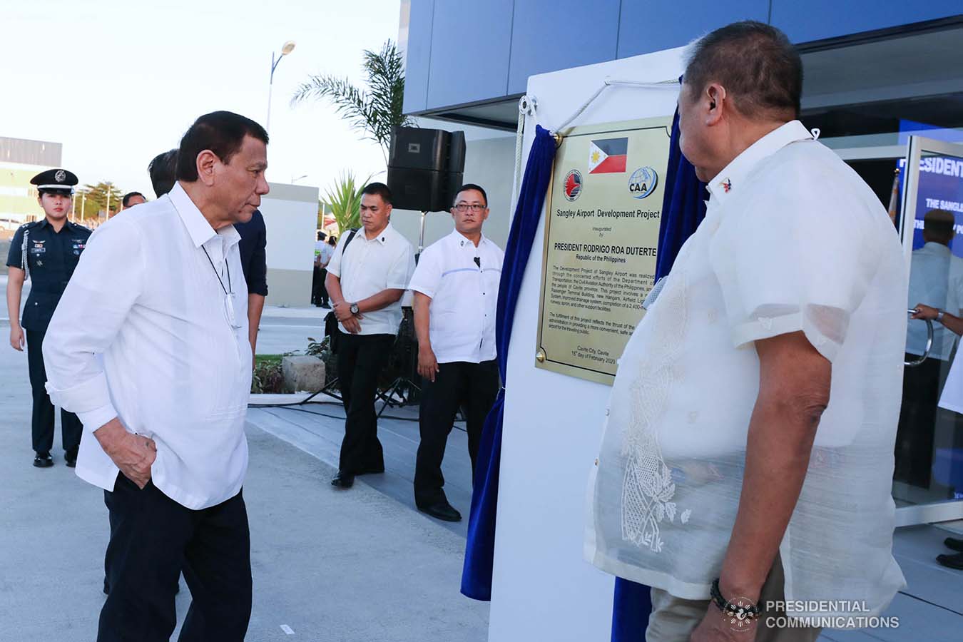 President Rodrigo Roa Duterte leads the unveiling of the marker of the Sangley Airport Development Project in Cavite City during its inauguration on February 15, 2020. Assisting the President is Transportation Secretary Arthur Tugade. ROBINSON NIÑAL JR./PRESIDENTIAL PHOTO