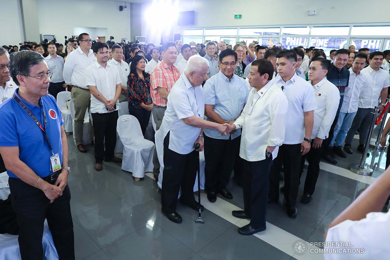 President Rodrigo Roa Duterte greets one of the distinguished guests during the inauguration of the Sangley Airport Development Project and presentation of the Sangley Point International Airport Project in Cavite City on February 15, 2020. ROBINSON NIÑAL JR./PRESIDENTIAL PHOTO