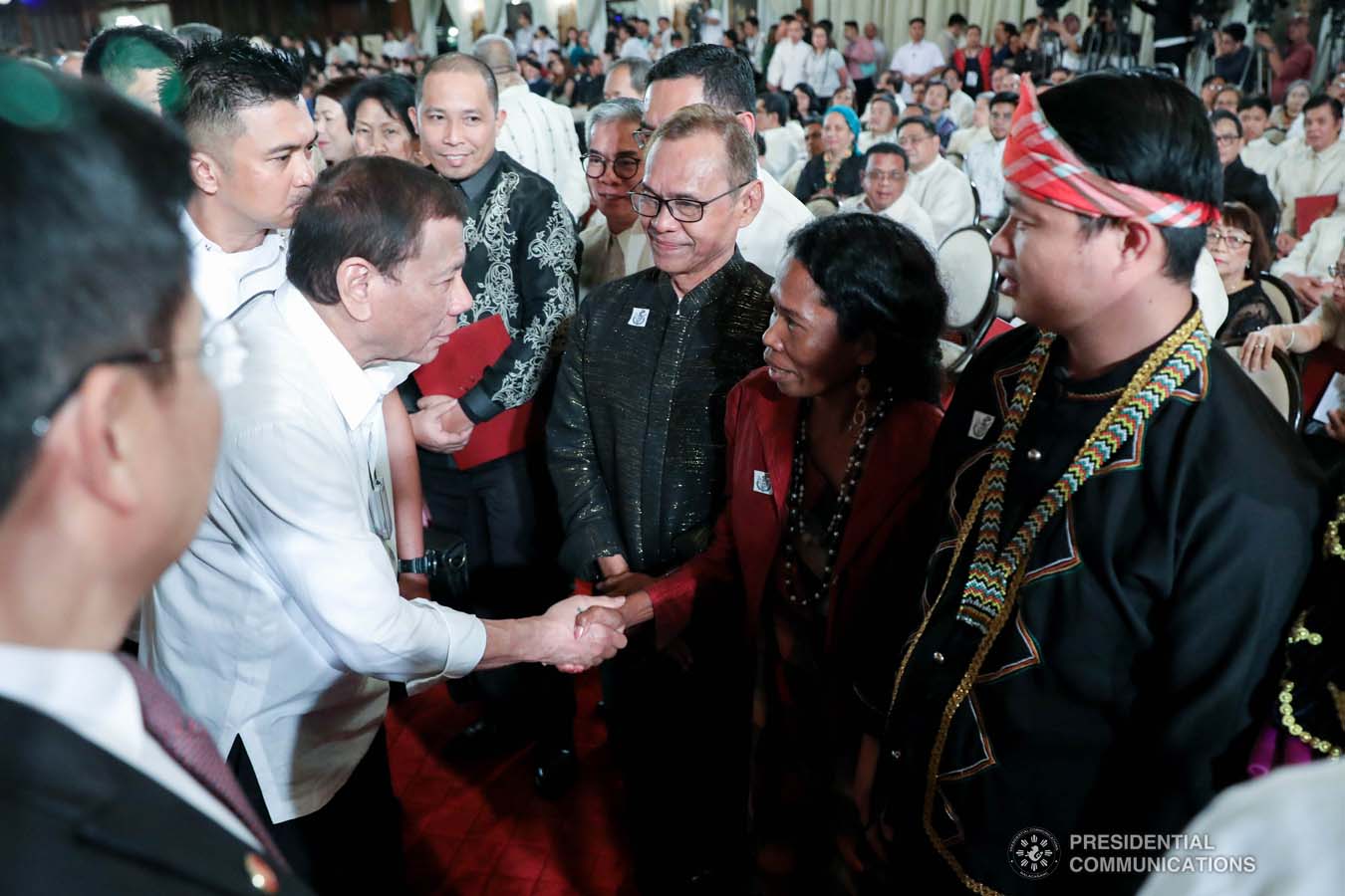President Rodrigo Roa Duterte greets some of the guests during the oath-taking of the new Board of Commissioners of the National Commission for Culture and the Arts (NCCA) and presentation of the 12th Ani ng Dangal Awards at the Malacañan Palace on February 26, 2020. ROBINSON NIÑAL JR./PRESIDENTIAL PHOTO