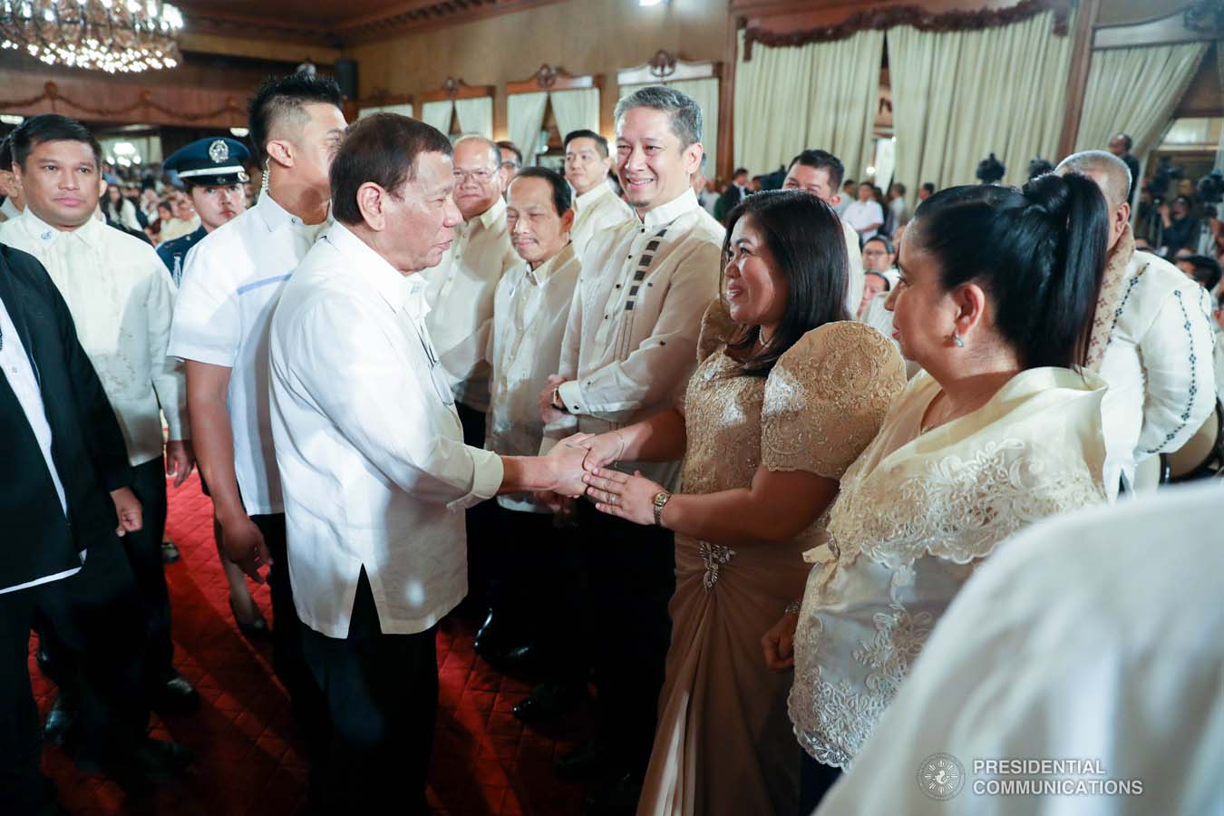 President Rodrigo Roa Duterte greets some of the guests during the oath-taking of new officials of the National Commission for Culture and the Arts (NCCA) and presentation of the 12th Ani ng Dangal awardees at the Malacañan Palace on February 26, 2020. SIMEON CELI JR./PRESIDENTIAL PHOTO