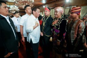 President Rodrigo Roa Duterte greets some of the guests during the oath-taking of the new officials of the National Commission for Culture and the Arts (NCCA) and presentation of the 12th Ani ng Dangal awardees at the Malacañan Palace on February 26, 2020. SIMEON CELI JR./PRESIDENTIAL PHOTO