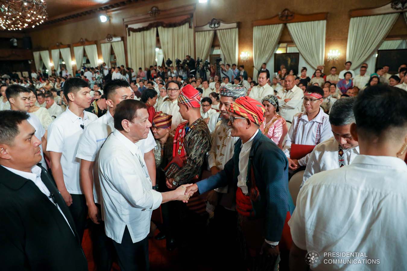 President Rodrigo Roa Duterte greets some of the guests during the oath-taking of the new officials of the National Commission for Culture and the Arts (NCCA) and presentation of the 12th Ani ng Dangal awardees at the Malacañan Palace on February 26, 2020. SIMEON CELI JR./PRESIDENTIAL PHOTO