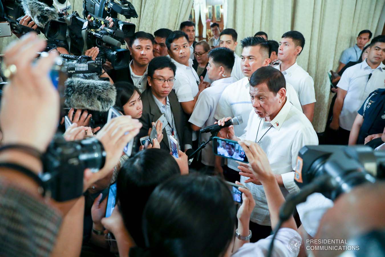 President Rodrigo Roa Duterte answers queries from members of the media following the oath-taking of the new officials of the National Commission for Culture and the Arts (NCCA) and presentation of the 12th Ani ng Dangal awardees at the Malacañan Palace on February 26, 2020. SIMEON CELI JR./PRESIDENTIAL PHOTO