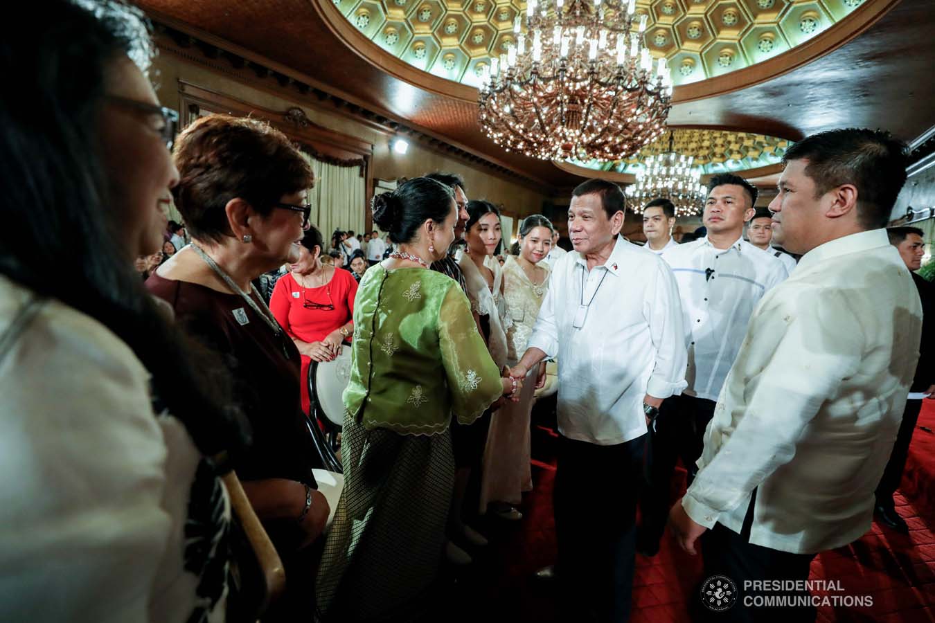 President Rodrigo Roa Duterte greets some of the guests during the oath-taking of the new officials of the National Commission for Culture and the Arts (NCCA) and presentation of the 12th Ani ng Dangal awardees at the Malacañan Palace on February 26, 2020. RICHARD MADELO/PRESIDENTIAL PHOTO