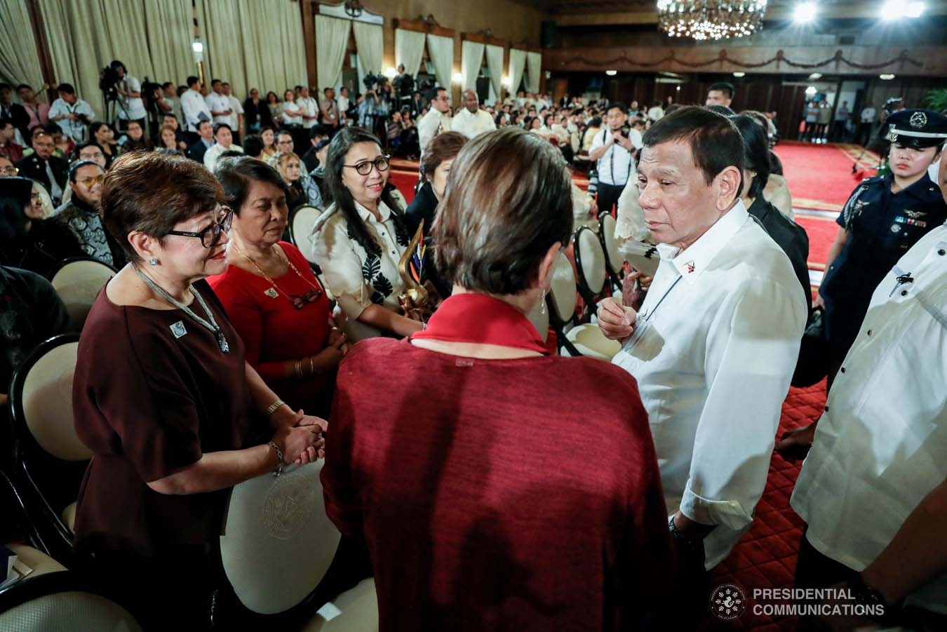 President Rodrigo Roa Duterte chats with some of the guests during the oath-taking of the new officials of the National Commission for Culture and the Arts and presentation of the 12th Ani ng Dangal awardees at the Malacañan Palace on February 26, 2020. RICHARD MADELO/PRESIDENTIAL PHOTO