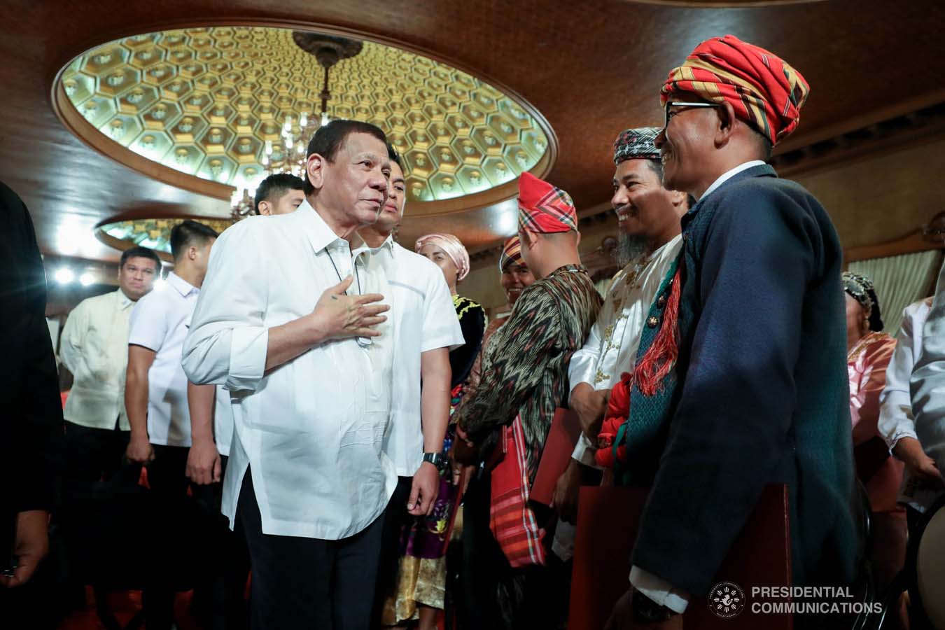 President Rodrigo Roa Duterte greets some of the guests during the oath-taking of the new officials of the National Commission for Culture and the Arts (NCAA) and presentation of the 12th Ani ng Dangal awardees at the Malacañan Palace on February 26, 2020. RICHARD MADELO/PRESIDENTIAL PHOTO