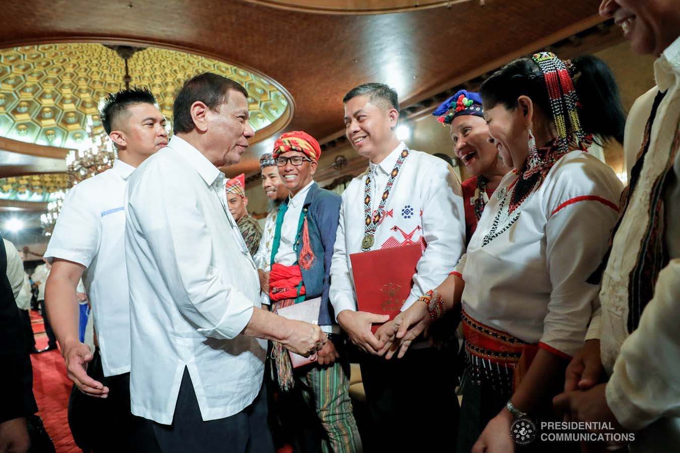 President Rodrigo Roa Duterte shares a light moment with some of the guests during the oath-taking of the new officials of the National Commission for Culture and the Arts (NCCA) and presentation of the 12th Ani ng Dangal awardees at the Malacañan Palace on February 26, 2020. RICHARD MADELO/PRESIDENTIAL PHOTO