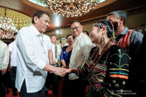 President Rodrigo Roa Duterte greets some of the guests during the oath-taking of the new officials of the National Commission for Culture and the Arts (NCAA) and presentation of the 12th Ani ng Dangal awardees at the Malacañan Palace on February 26, 2020. RICHARD MADELO/PRESIDENTIAL PHOTO