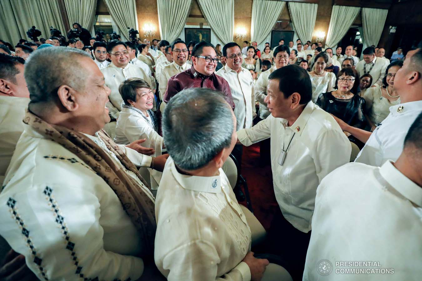 President Rodrigo Roa Duterte shares a light moment with some of the guests during the oath-taking of the new officials of the National Commission for Culture and the Arts (NCCA) and presentation of the 12th Ani ng Dangal awardees at the Malacañan Palace on February 26, 2020. RICHARD MADELO/PRESIDENTIAL PHOTO