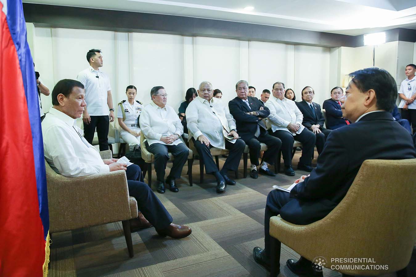 President Rodrigo Roa Duterte discusses matters with Asian Development Bank President Masatsugu Asakawa who paid a courtesy call on the President at the Department of Finance Building inside the Bangko Sentral ng Pilipinas Complex in Manila on February 24, 2020. ALBERT ALCAIN/PRESIDENTIAL PHOTO