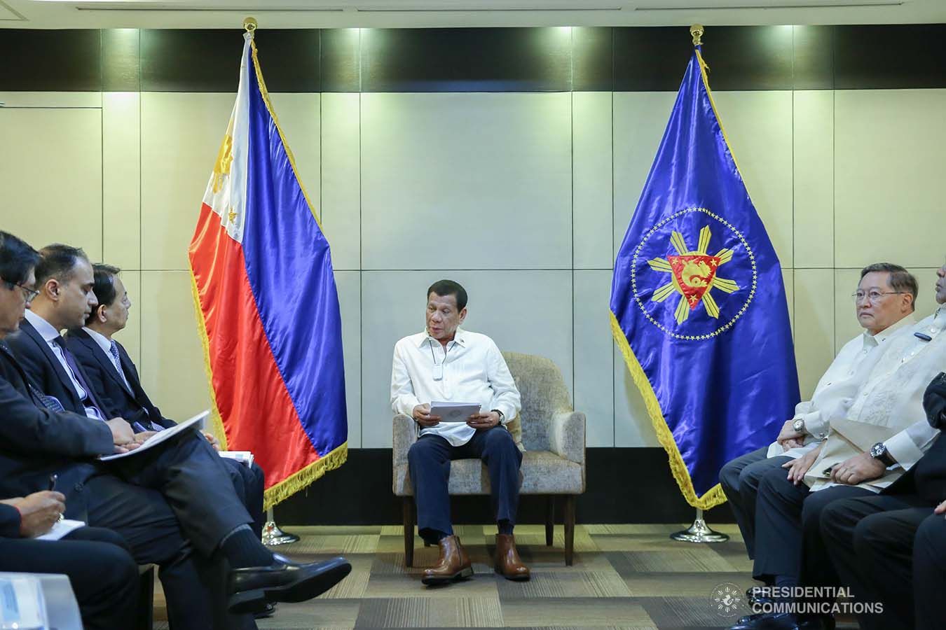 President Rodrigo Roa Duterte discusses matters with Asian Development Bank President Masatsugu Asakawa who paid a courtesy call on the President at the Department of Finance Building inside the Bangko Sentral ng Pilipinas Complex in Manila on February 24, 2020. ALBERT ALCAIN/PRESIDENTIAL PHOTO