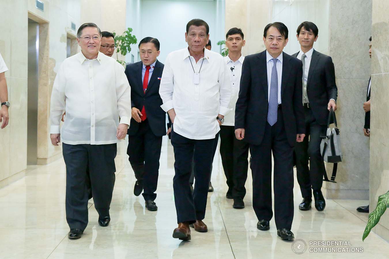 President Rodrigo Roa Duterte is accompanied by Finance Secretary Carlos Dominguez III and Asian Development Bank President Masatsugu Asakawa who paid a courtesy call on the President at the Department of Finance Building inside the Bangko Sentral ng Pilipinas Complex in Manila on February 24, 2020. ALBERT ALCAIN/PRESIDENTIAL PHOTO