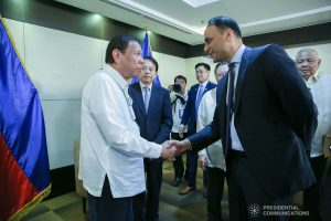 President Rodrigo Roa Duterte greets one of the officials of the Asian Development Bank who paid a courtesy call on the President at the Department of Finance Building inside the Bangko Sentral ng Pilipinas Complex in Manila on February 24, 2020. ALBERT ALCAIN/PRESIDENTIAL PHOTO