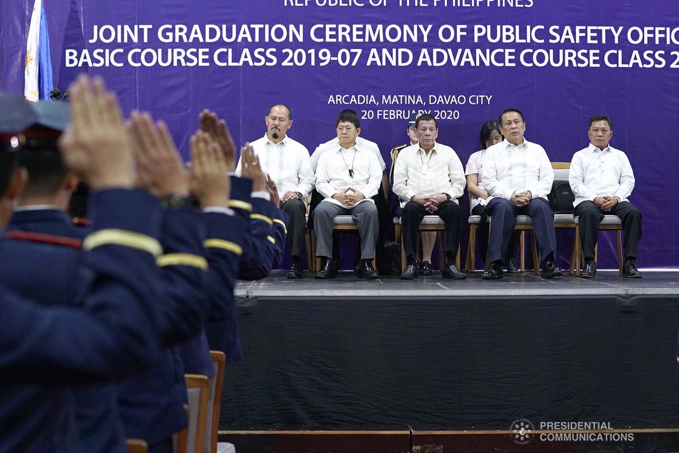 President Rodrigo Roa Duterte graces the joint graduation ceremony of Public Safety Officers Basic Course Class 2019-07 and Advance Course Class 2019-18 at the Arcadia Active Lifestyle Center in Davao City on February 20, 2020. ARMAN BAYLON/PRESIDENTIAL PHOTO