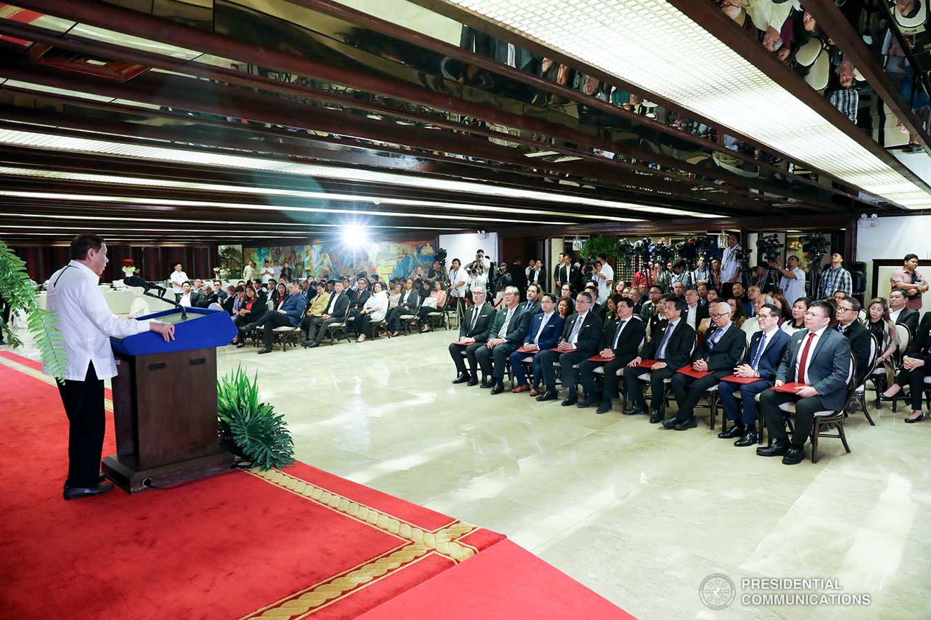 President Rodrigo Roa Duterte delivers a speech during the oath-taking ceremony of the newly elected officers and board of trustees of the Kapisanan ng mga Brodkaster ng Pilipinas (KBP) at the Malacañan Palace on February 12, 2020. ROBINSON NIÑAL JR./PRESIDENTIAL PHOTO