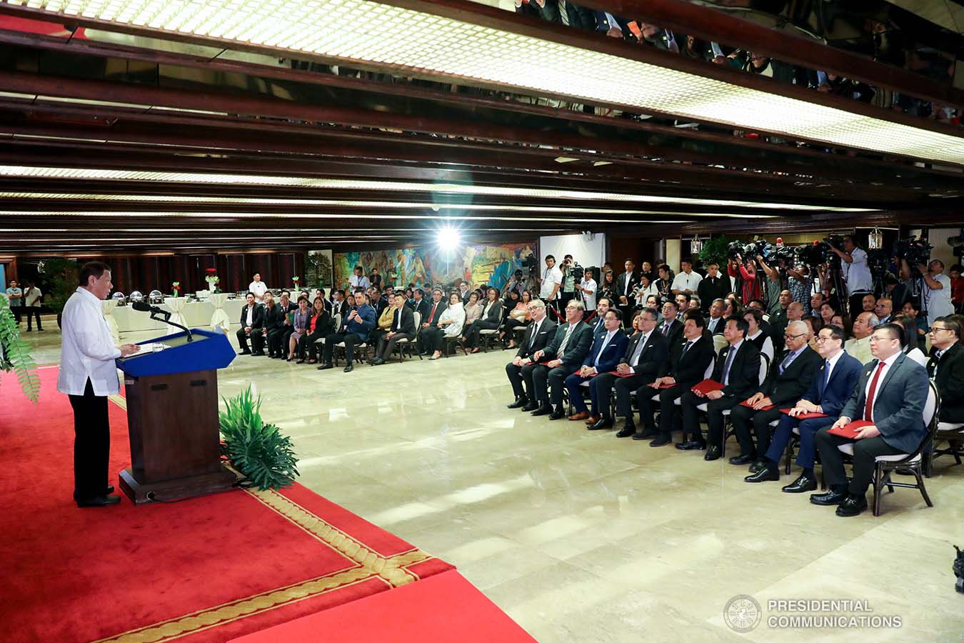 President Rodrigo Roa Duterte delivers a speech during the oath-taking ceremony of the newly elected officers and board of trustees of the Kapisanan ng mga Brodkaster ng Pilipinas (KBP) at the Malacañan Palace on February 12, 2020. ROBINSON NIÑAL JR./PRESIDENTIAL PHOTO
